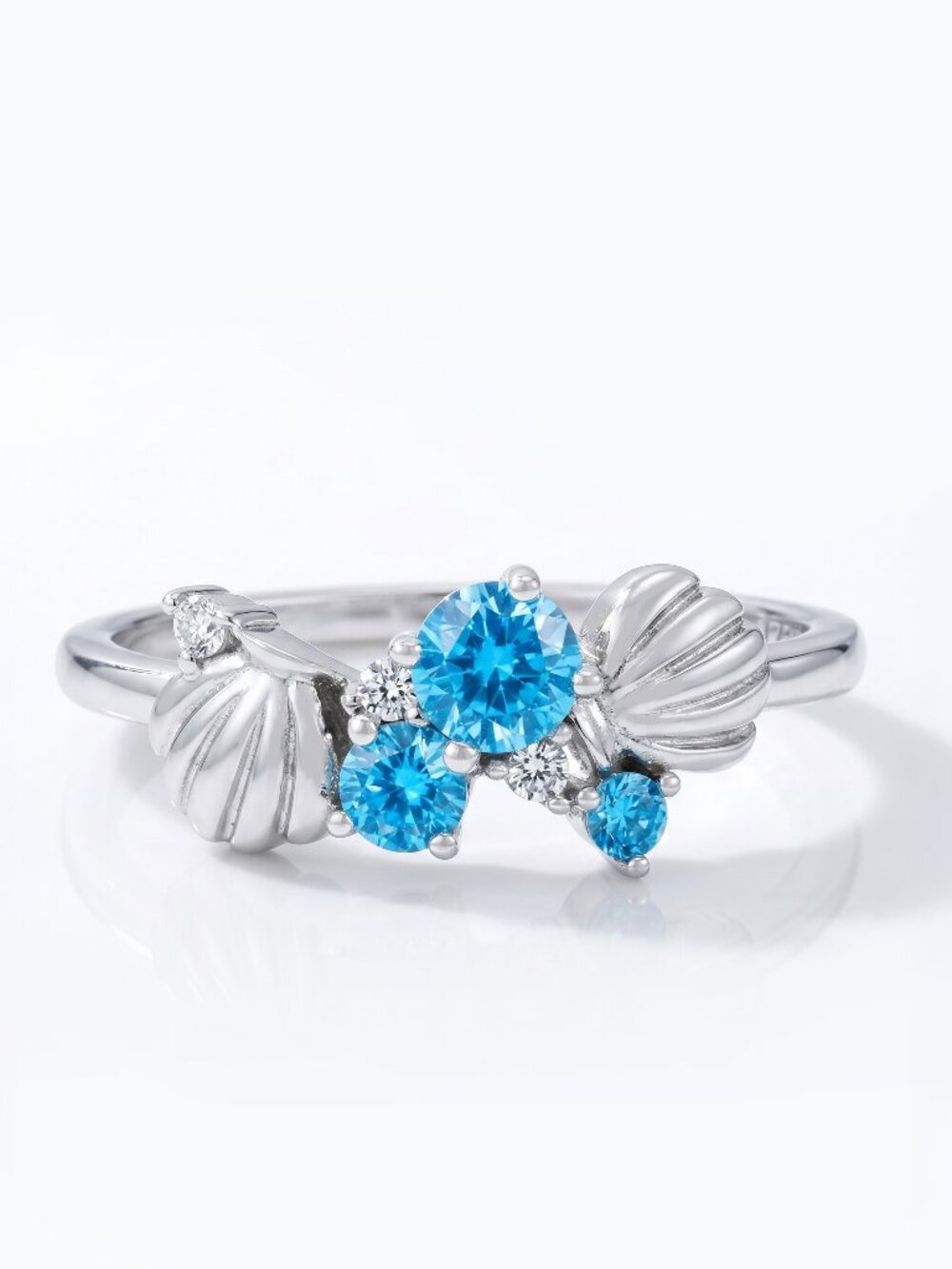 Seashell Cluster Aquamarine Gemstone ring - 925 Sterling Silver Mermaid